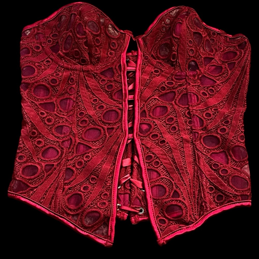 Sexy PLT Pretty Little Thing Semi Sheer Corset Bustier Strapless Wine Women’s 4
